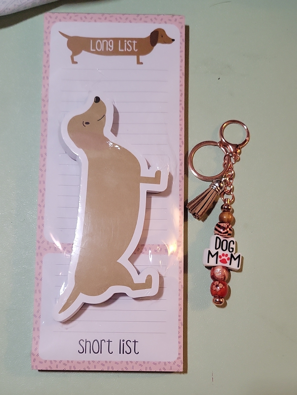 Beige Dachshund Notepad with Rose Gold Dog Mom Keychain